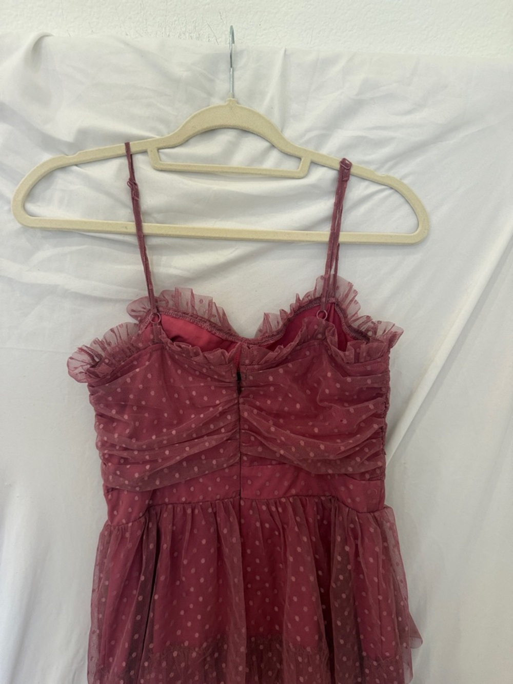 Lulu’s Sweetheart Style Mauve Polka Dot Bustier Tiered Midi Dress sz small - Picture 8 of 10